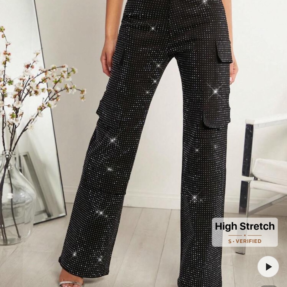 Black Sequin Women's Pants Cargo/ Straight Fit